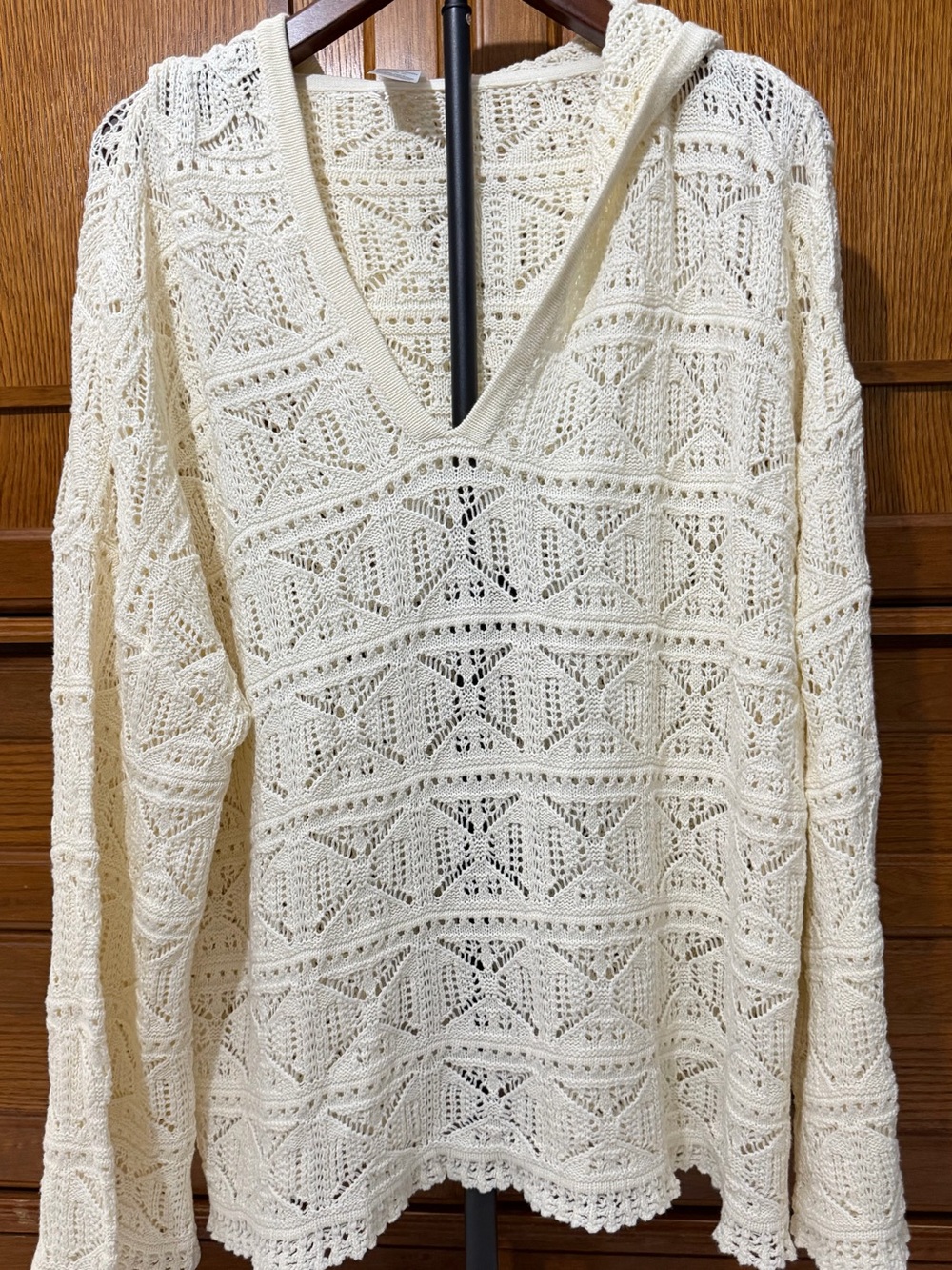 NWT Time And Tru Crochet CoverUp Knit V-Neck Hoodie Sweater Macrame Boho Beach